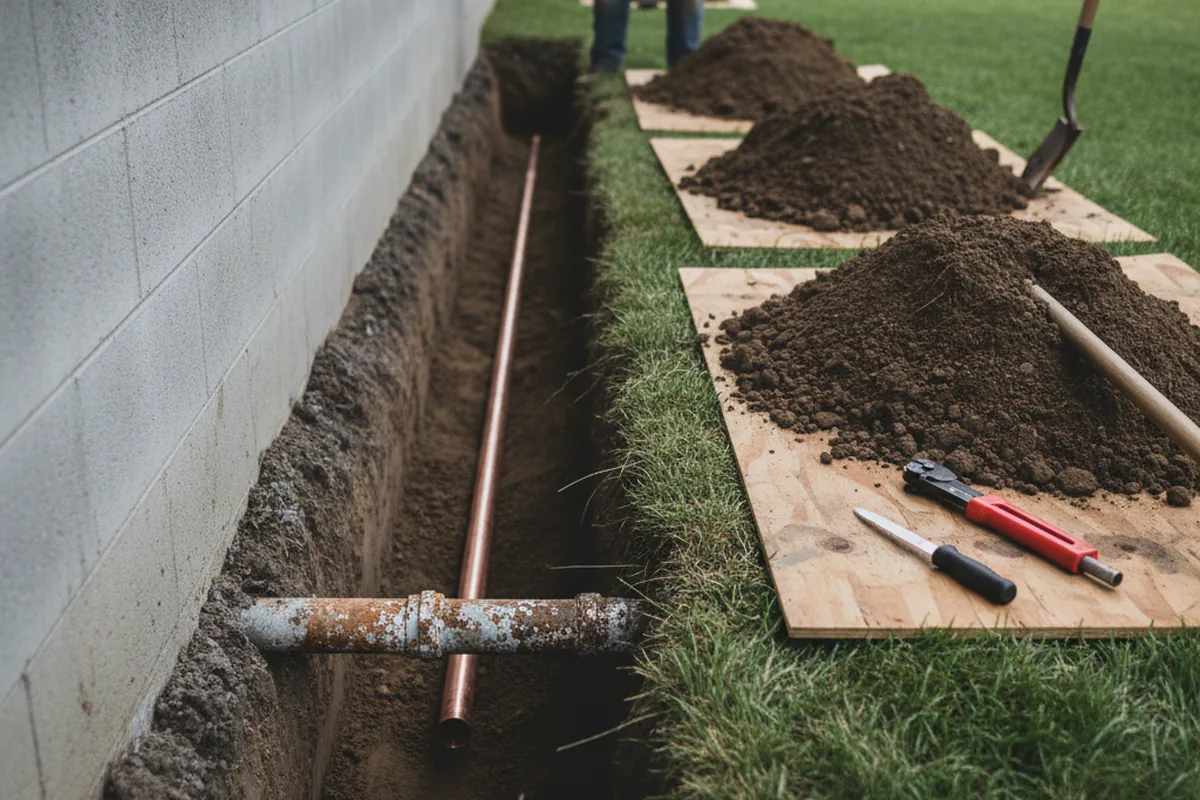 Excavated water line trench during Water Heater Repair in Knightstown